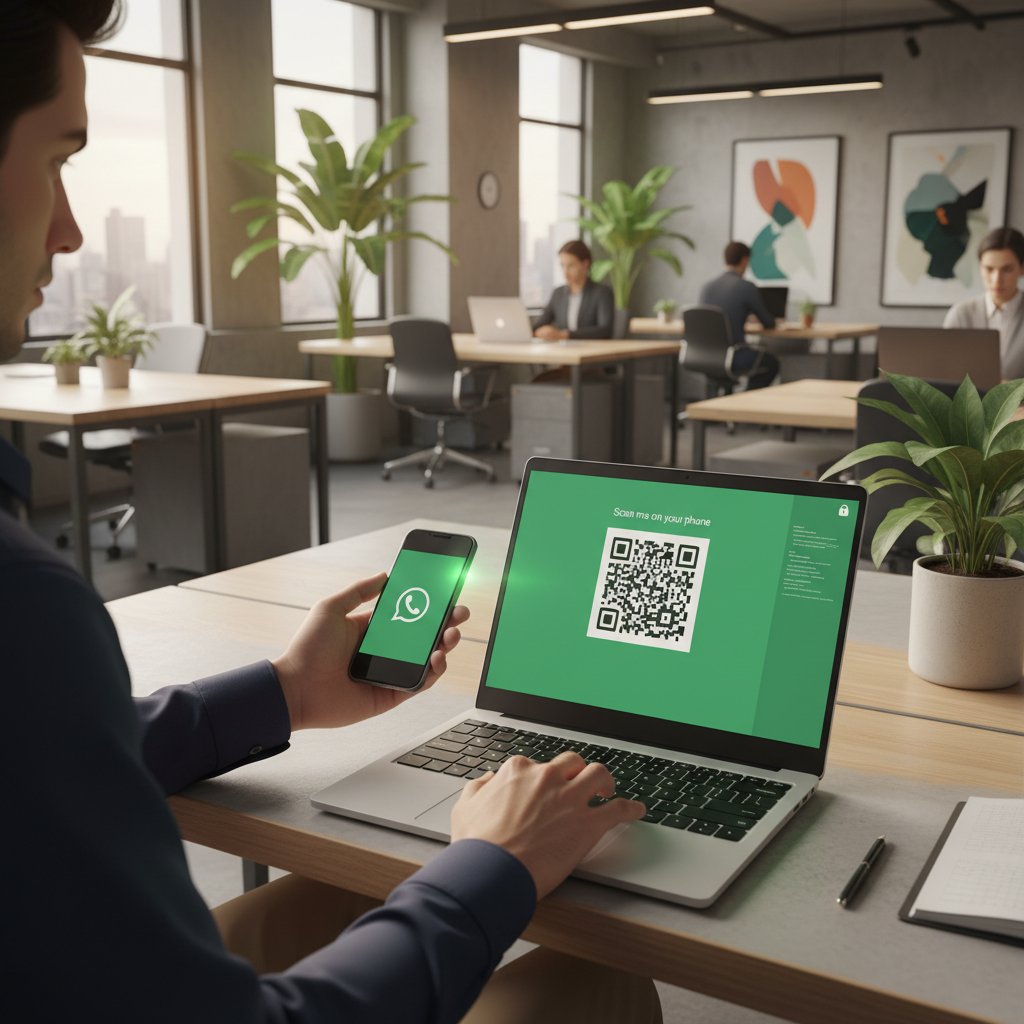 Osoba konfiguruje laptopa, na ekranie widoczny kod oraz interfejs WhatsApp, nowoczesne biuro, atmosfera skupienia