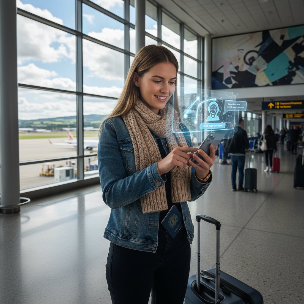 Person consulting AI-powered flight app at Newcastle Airport, focused and confident