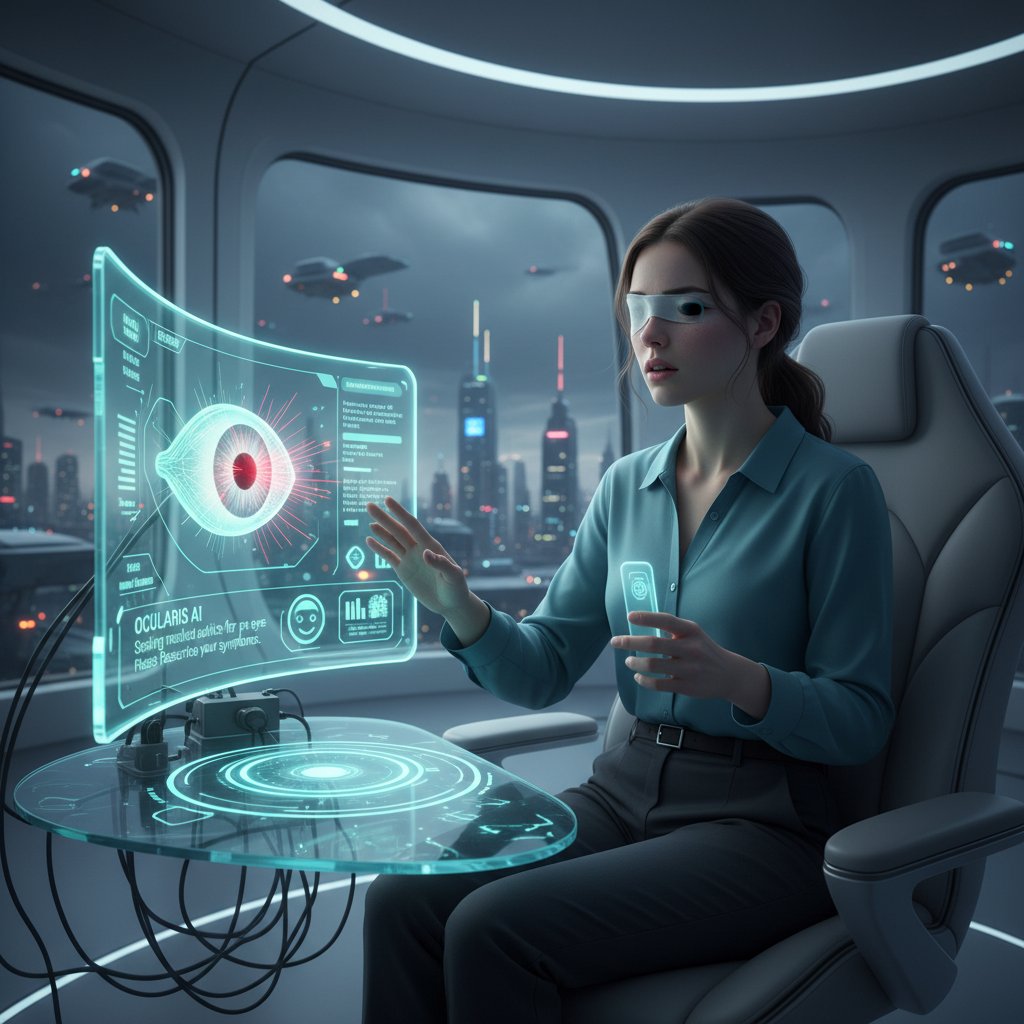 Osoba korzystająca z aplikacji zdrowotnej przy urazie oka, nowoczesna scena, wyraźny interfejs