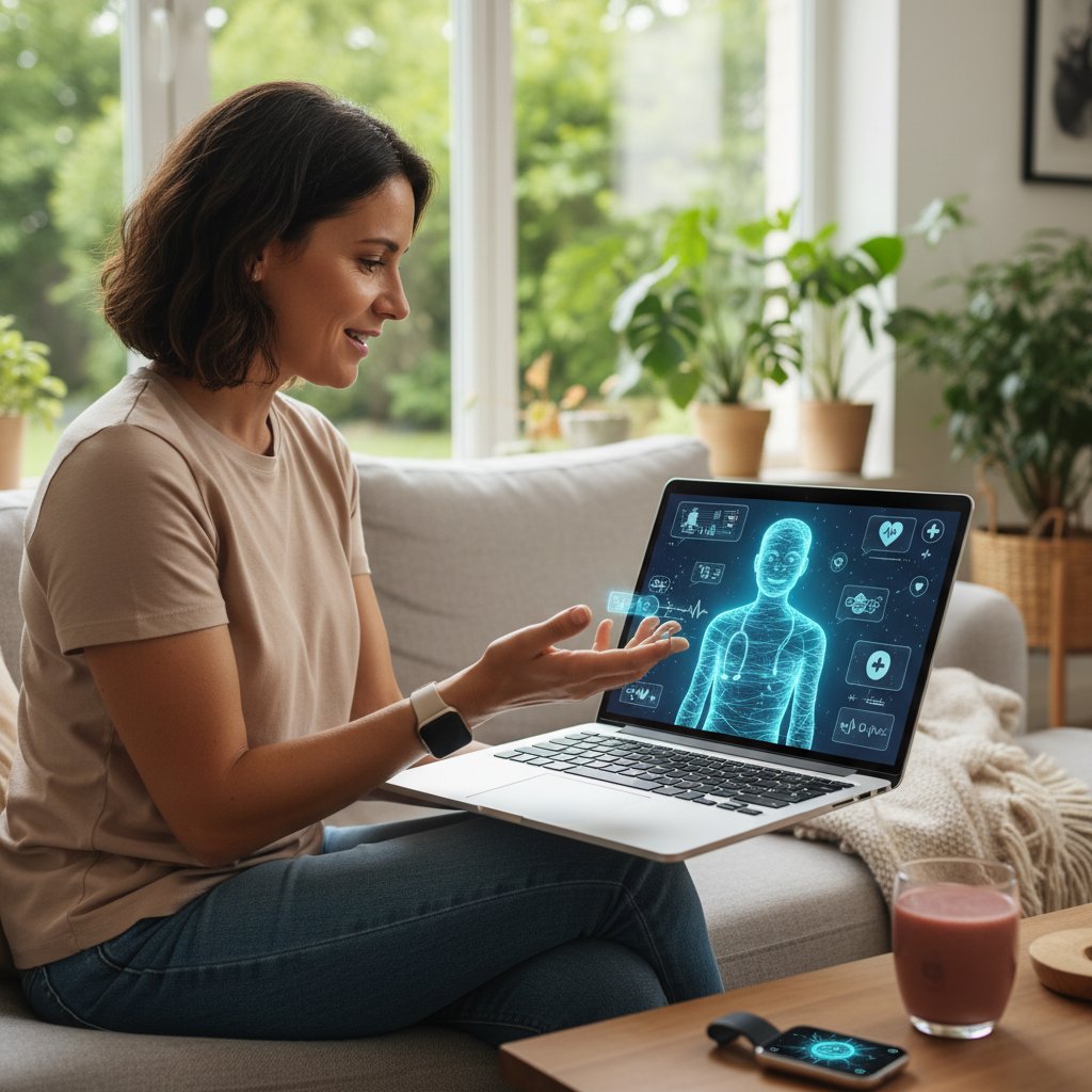 Młoda osoba konsultująca się z AI na ekranie laptopa, w tle domowa sceneria – symbol nowoczesnej diagnostyki