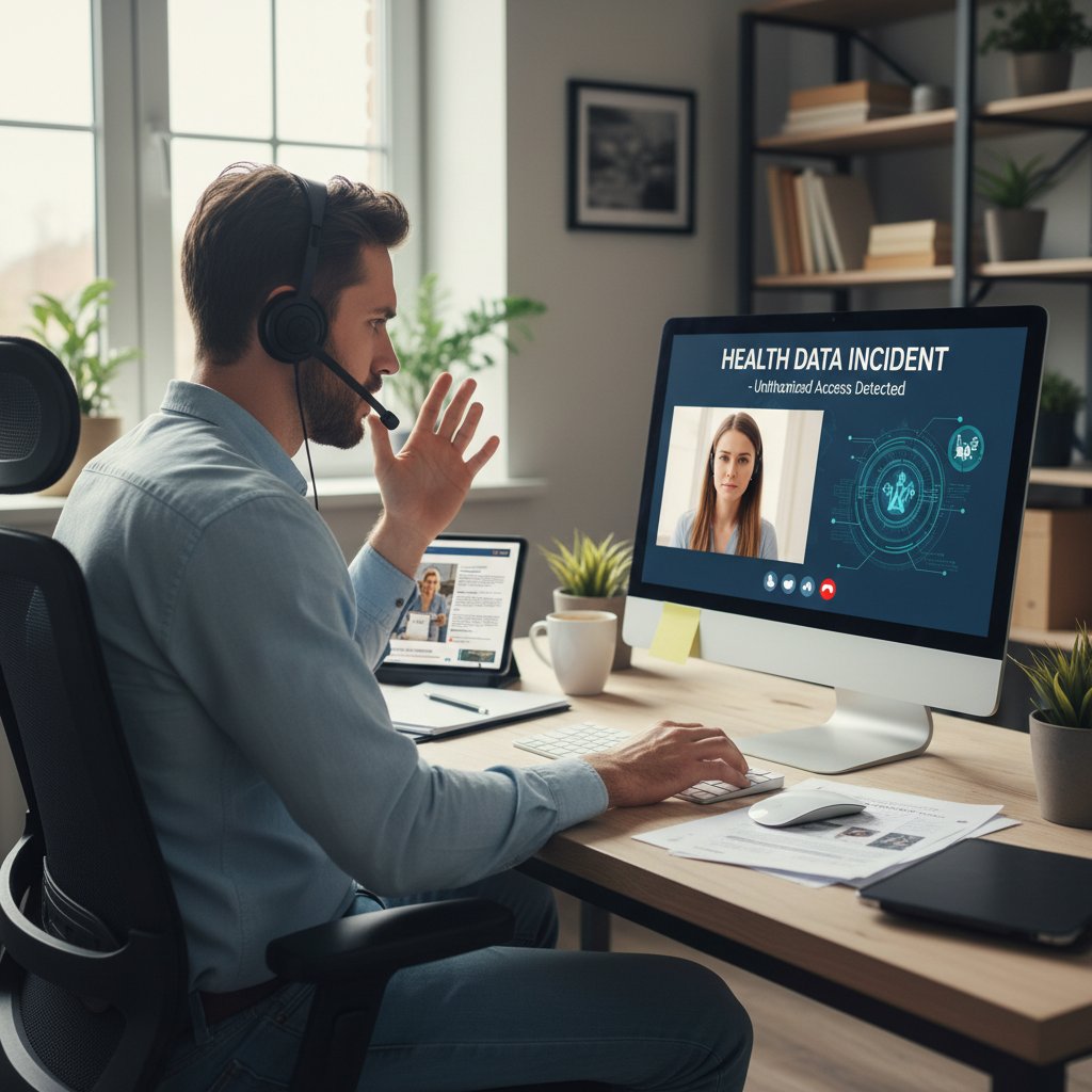 Osoba kontaktująca się z pomocą techniczną w sprawie wycieku danych zdrowotnych, domowe biuro, słowa kluczowe: bezpieczeństwo danych, incydent, aplikacje zdrowotne