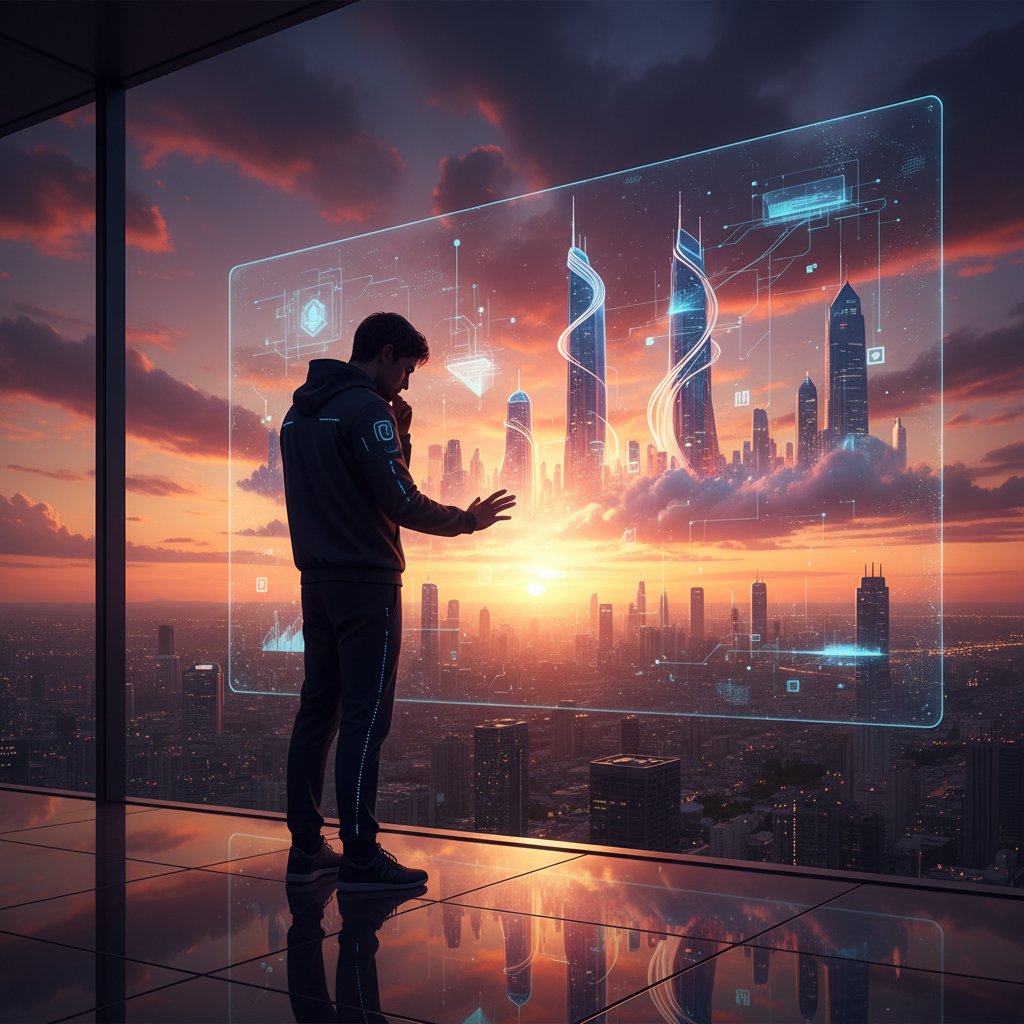 Człowiek z zamyśloną miną patrzący na panoramę miasta o zachodzie słońca – refleksja nad AI