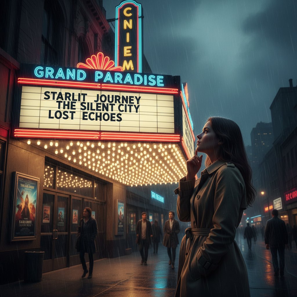 Person contemplating movie choices in front of theater lights, silhouette in front of glowing movie marquee