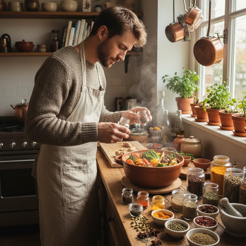 Osoba gotująca w domowej kuchni, eksperymentuje z przyprawami nad garnkiem warzyw