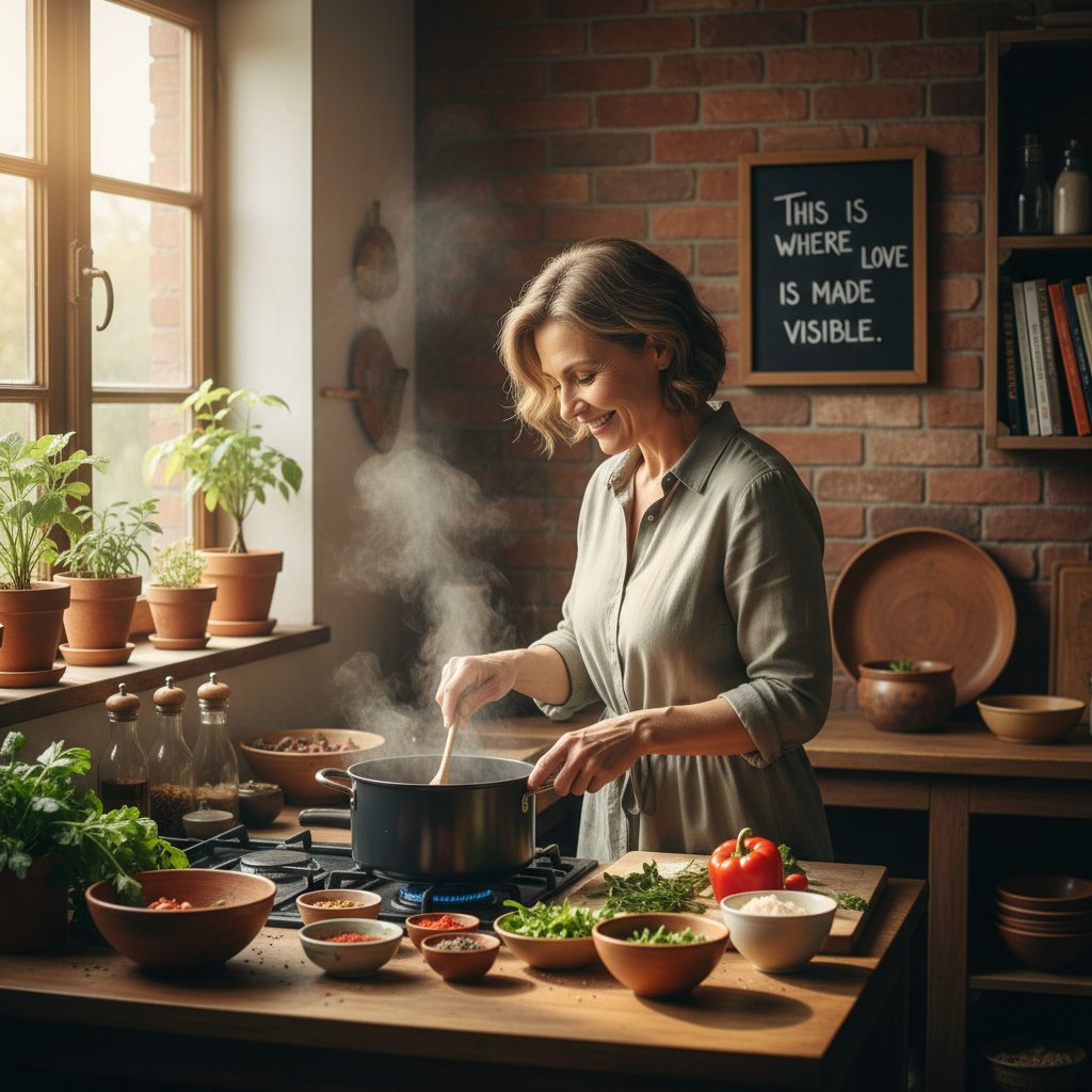 Osoba gotująca w domowej kuchni, ciesząca się prostą czynnością dnia codziennego