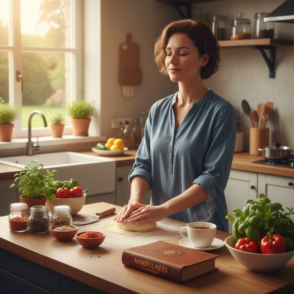 Osoba gotująca w kuchni, skupiona na czynności, mindfulness w życiu codziennym po rozstaniu