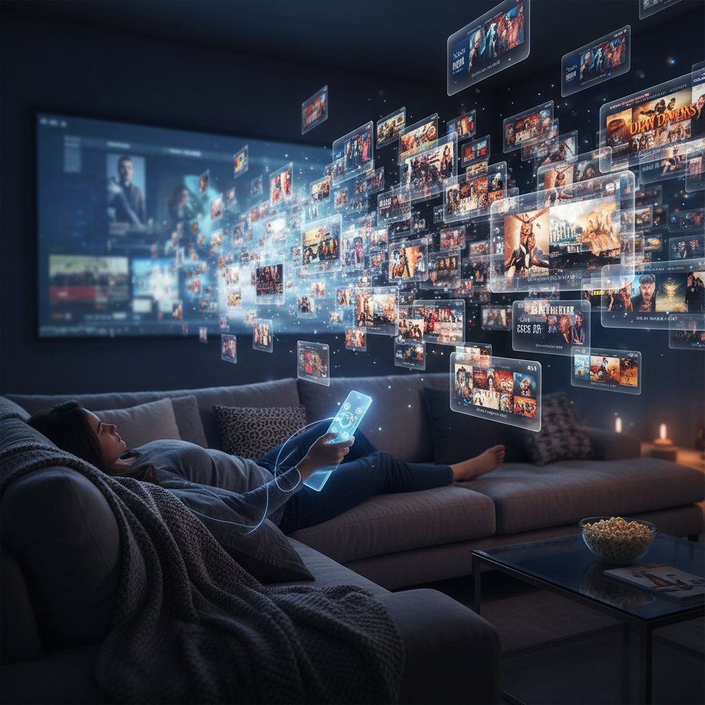 A person sitting on a couch at night, remote in hand, surrounded by glowing screens with endless movie titles, symbolizing movie holding on movies