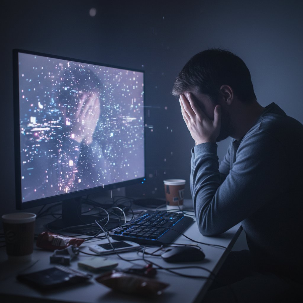 Osoba zakrywająca twarz przed ekranem komputera – nieśmiałość cyfrowa w praktyce