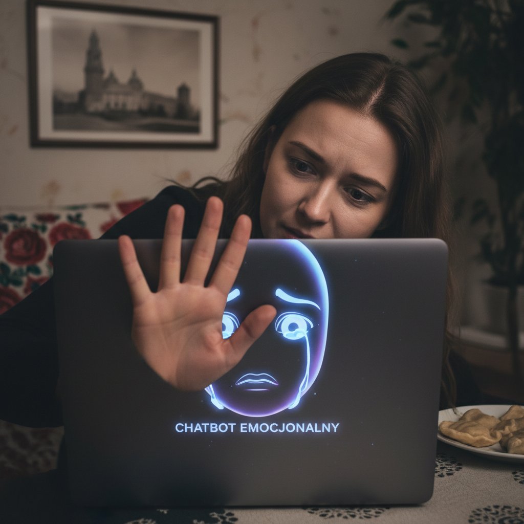 Osoba zasłaniająca ekran laptopa przed wzrokiem innych, prywatność, emocjonalny chatbot, Polska