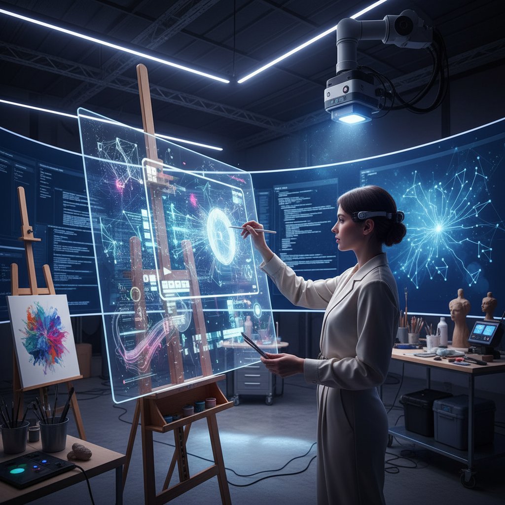 Osoba tworząca dzieło sztuki przy wsparciu AI w nowoczesnym studiu