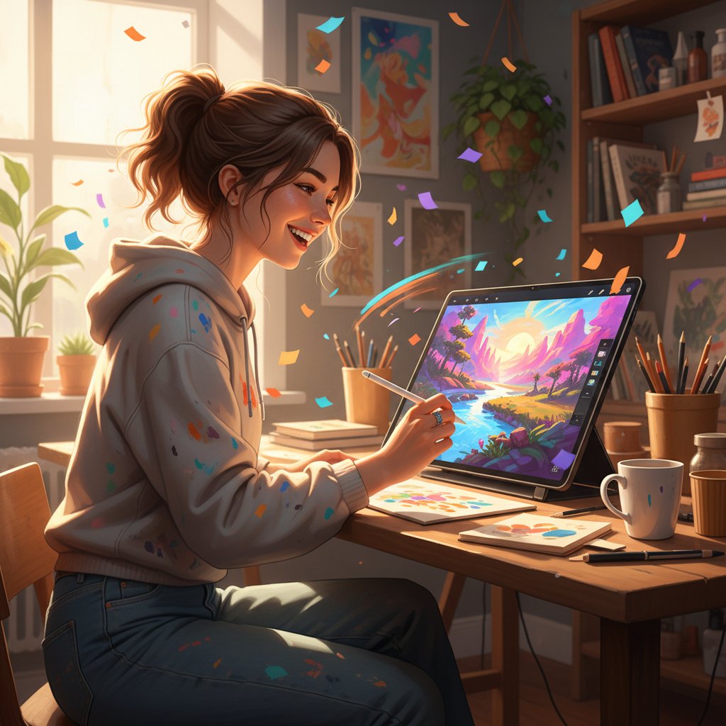 Osoba tworząca cyfrową sztukę z uśmiechem, aktywny relaks online