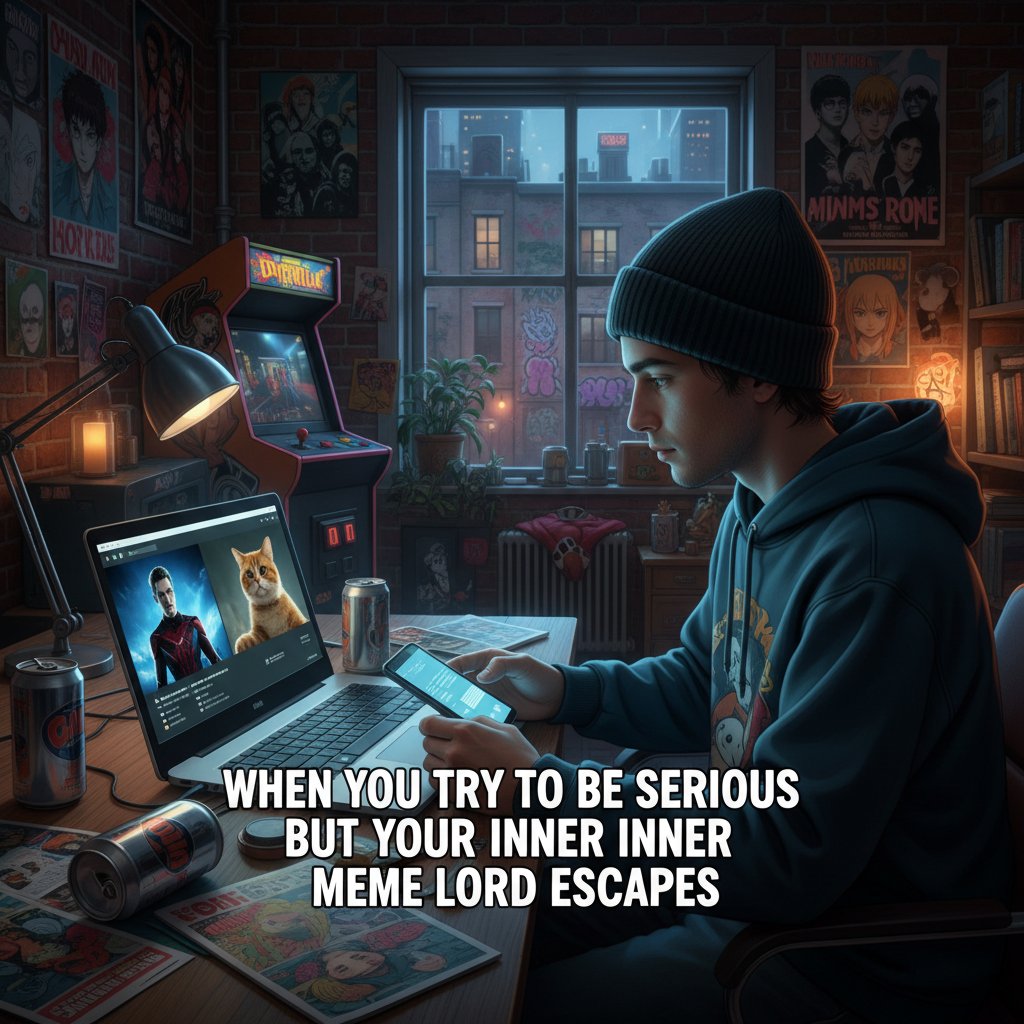 Osoba tworząca własnego mema na laptopie, w tle gadżety popkulturowe