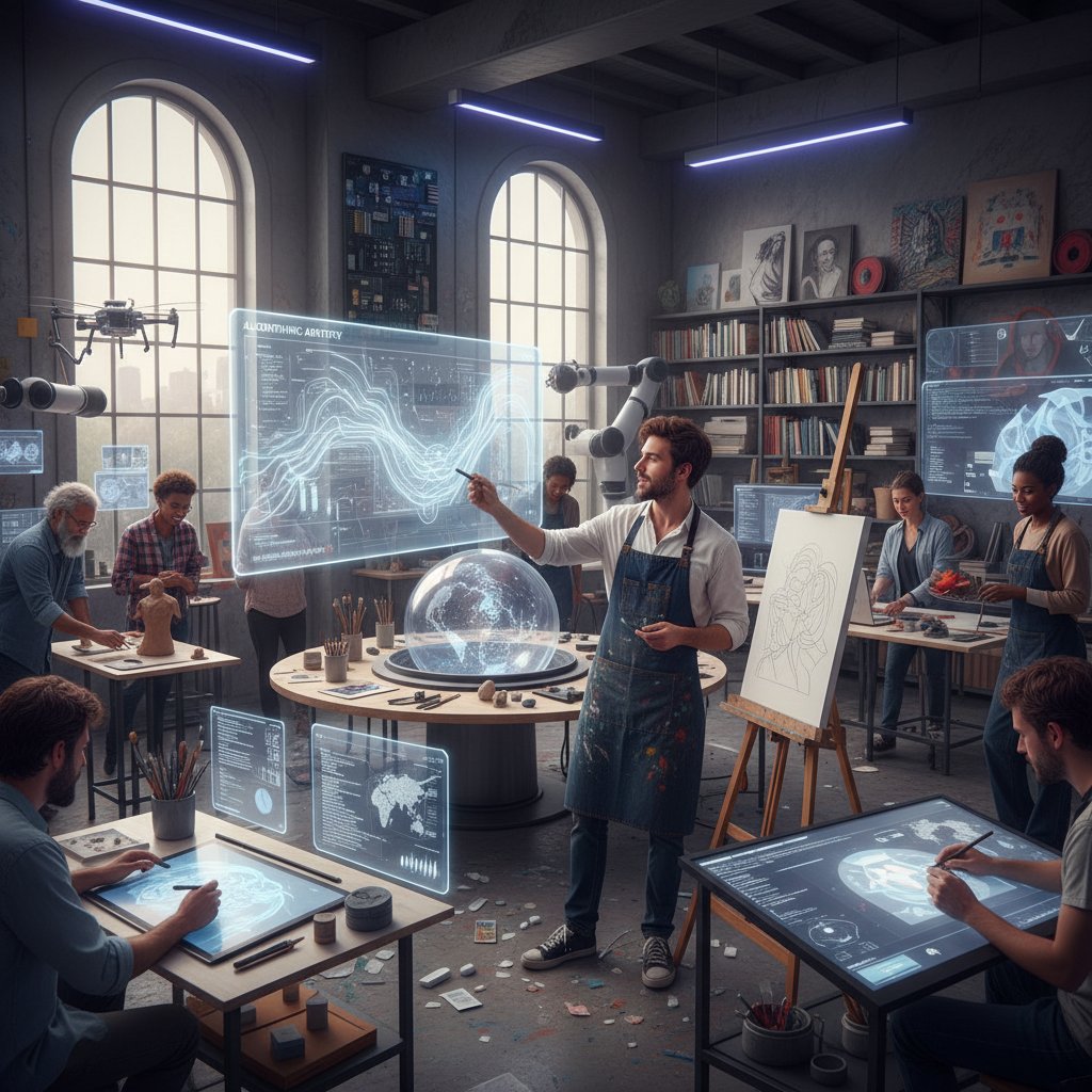 Osoba pracująca w kreatywnym otoczeniu, z elementami AI i tradycyjnych narzędzi, symbol współpracy