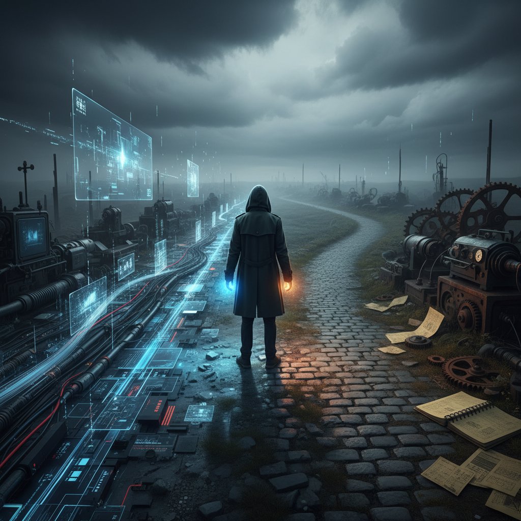 Entscheidung zwischen digitaler und analoger Psychoedukation, Person steht am Scheideweg