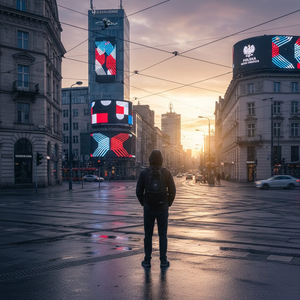 Człowiek na rozdrożu z cyfrowymi billboardami – alternatywa dla tradycyjnych gazet