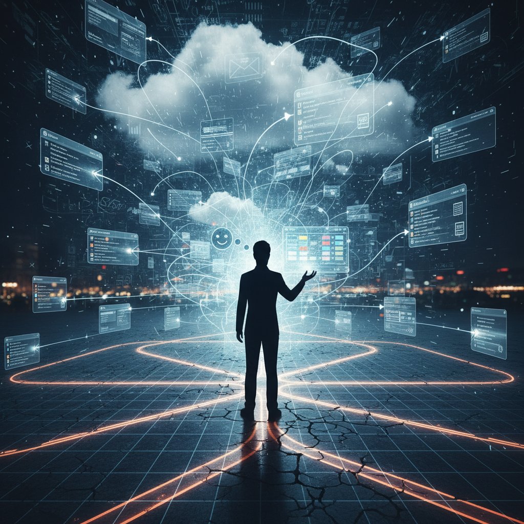 Person at crossroads between email chaos and task organization, dramatic lighting, 16:9 format