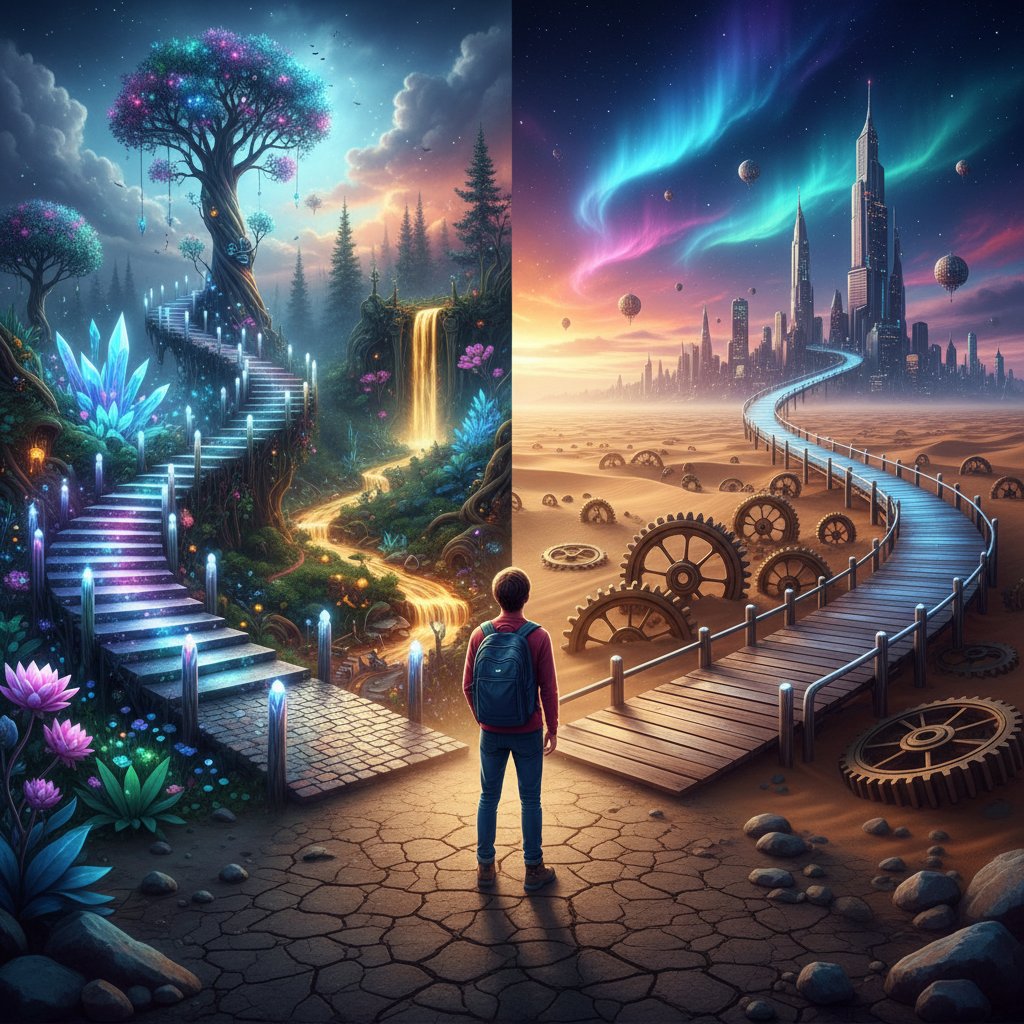 Eine Person steht an einer Weggabelung mit ungewöhnlichen Richtungen