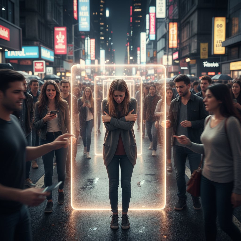 Ilustracja przedstawiająca osobę zamkniętą w tłumie, symbolizującą naruszenie granic osobistych