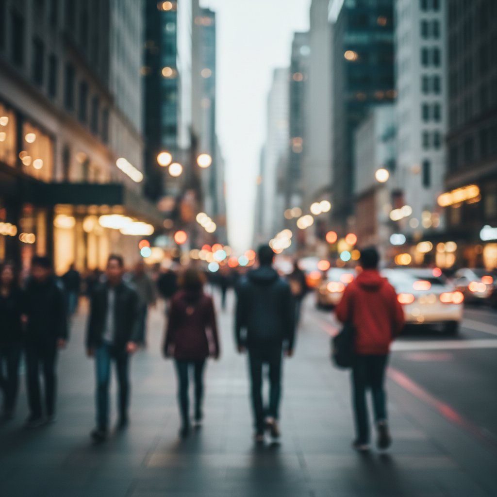 Osoba z jaskrą w tłumie – częściowo rozmyte widzenie