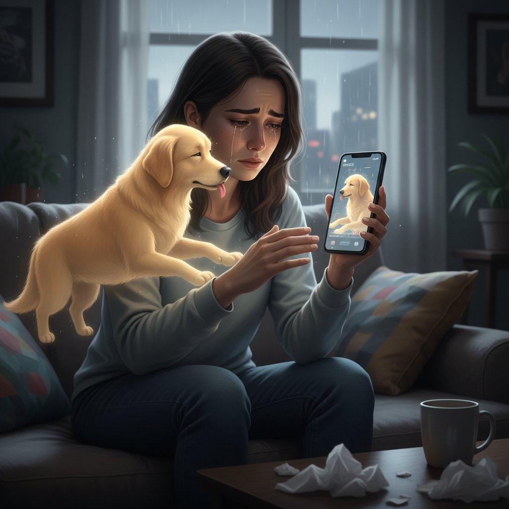 Dwie osoby – jedna płacząca, druga pocieszana przez wirtualnego psa na ekranie smartfona