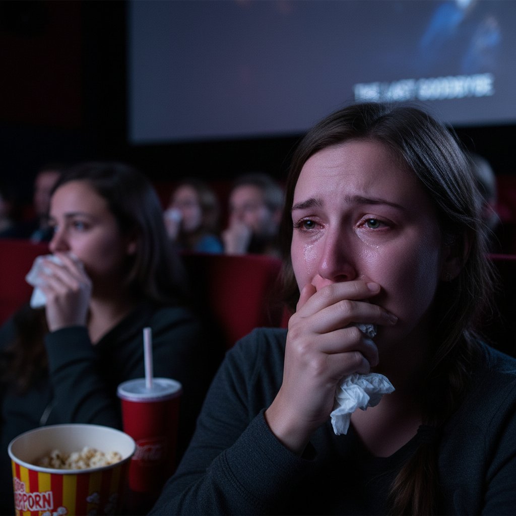 Person wiping tears in empty cinema, emotional release, watching a sad movie