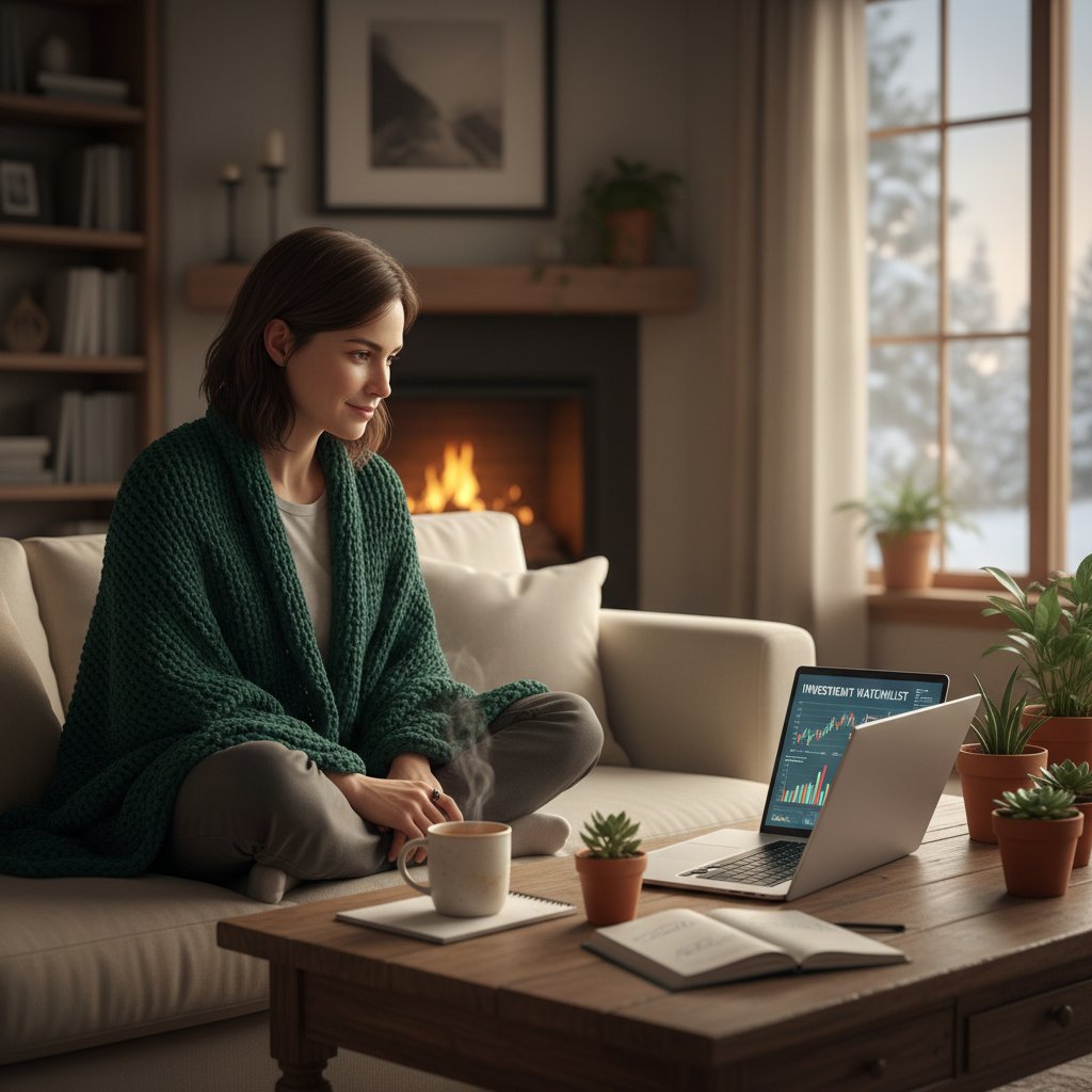 Person curating a watchlist on laptop, cozy environment, inspired mood, graphic novel movie discovery