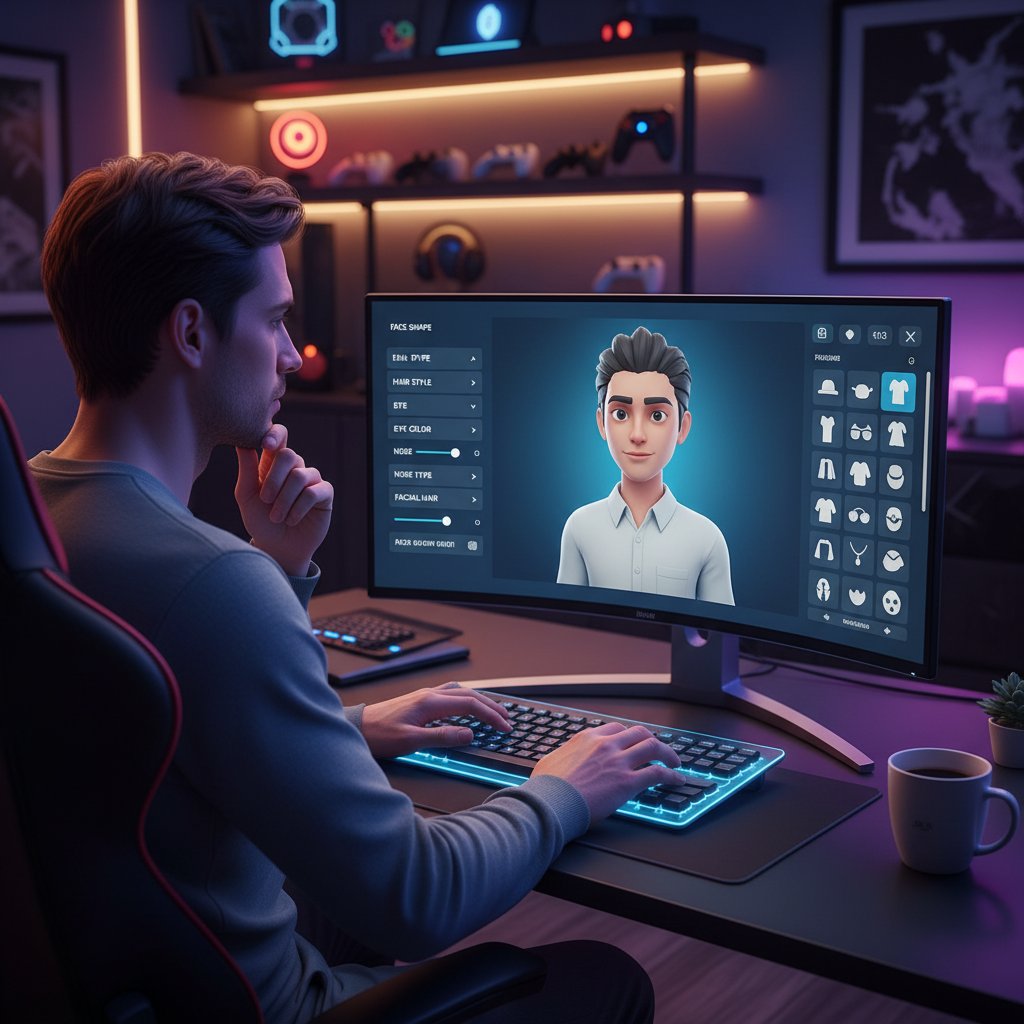 Osoba wybierająca wygląd avatara na ekranie, skupienie na personalizacji detali