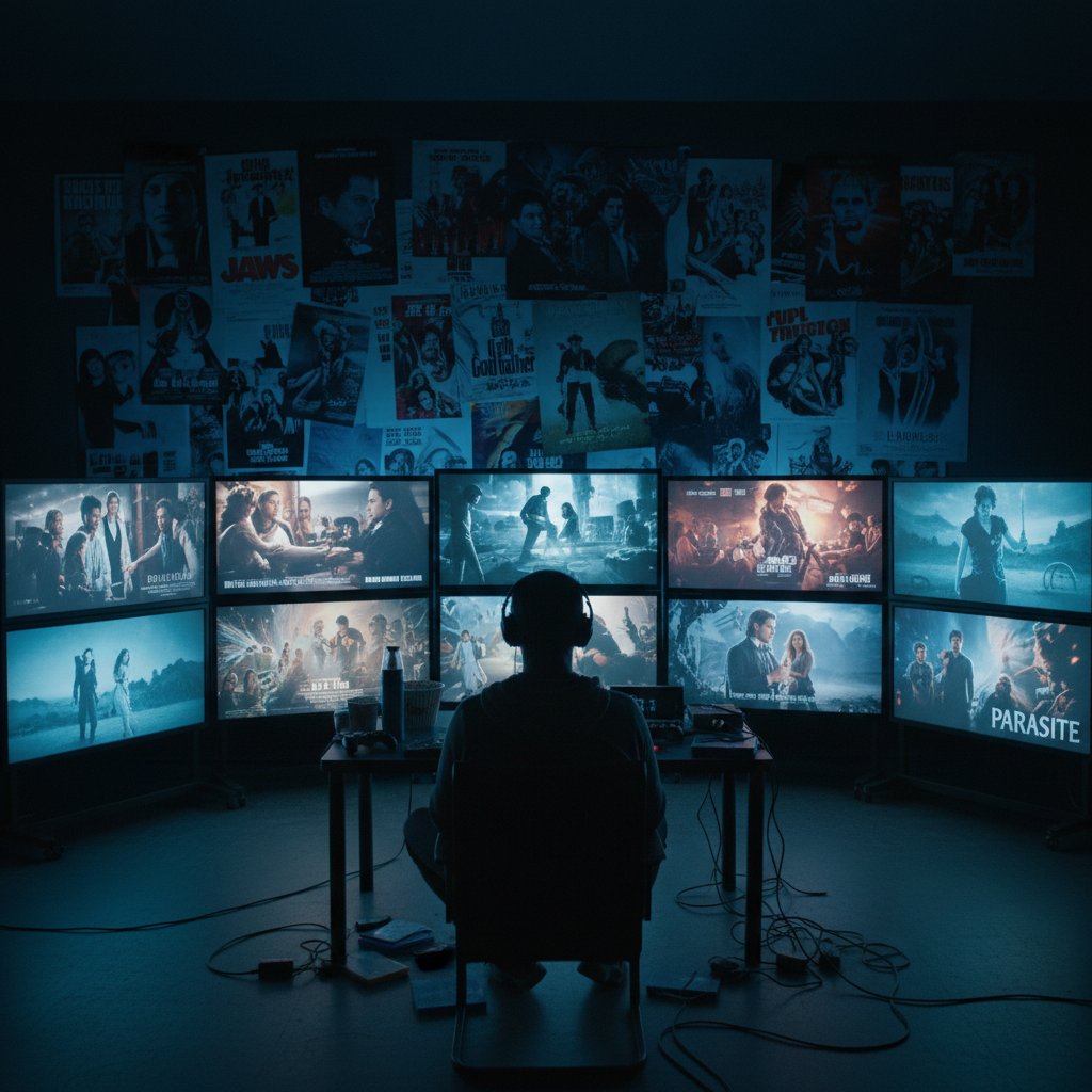 Człowiek w ciemnym pokoju otoczony ekranami z plakatami filmów, światło ekranów podkreśla napięcie