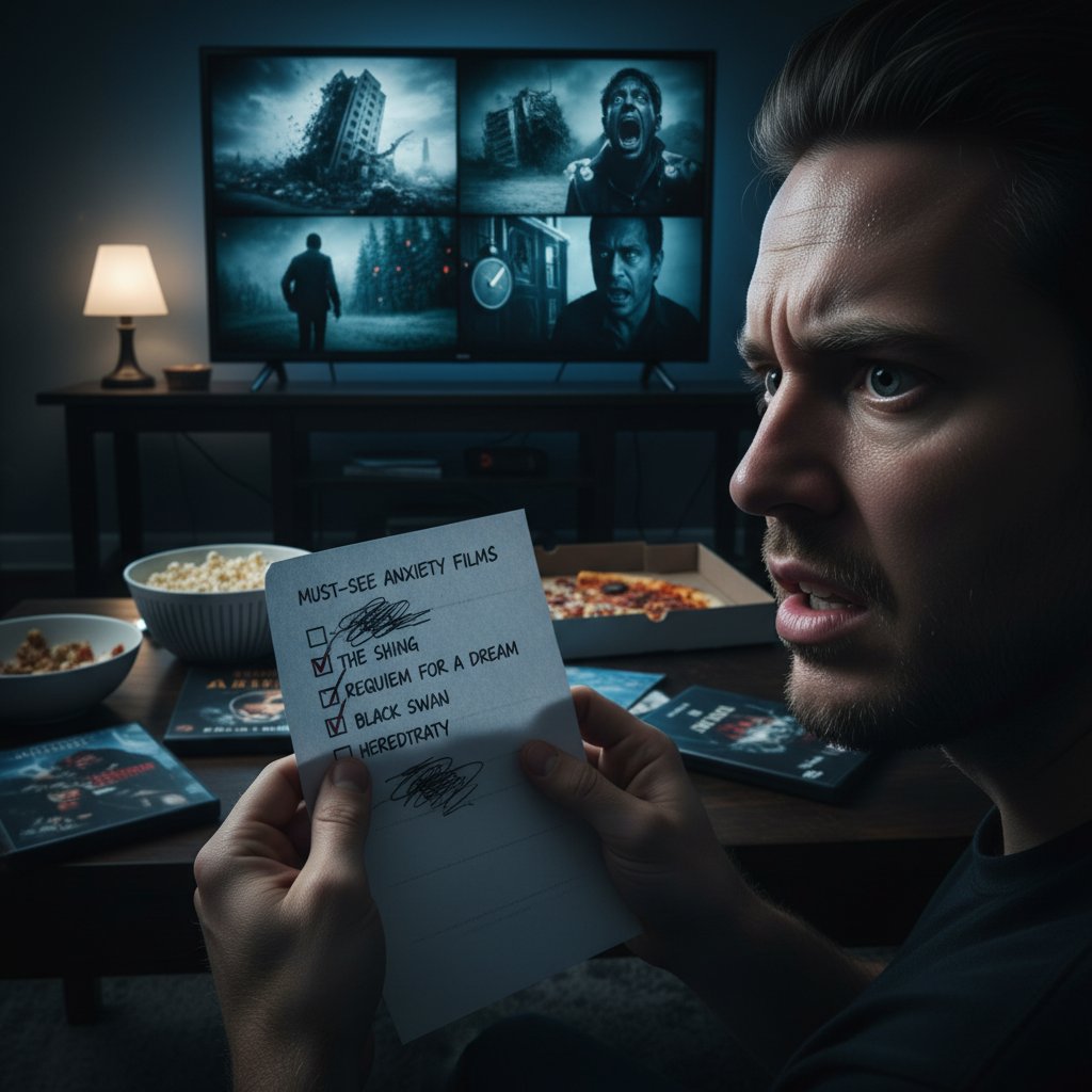 Person deciding between panic movies, checklist and options, anxiety films