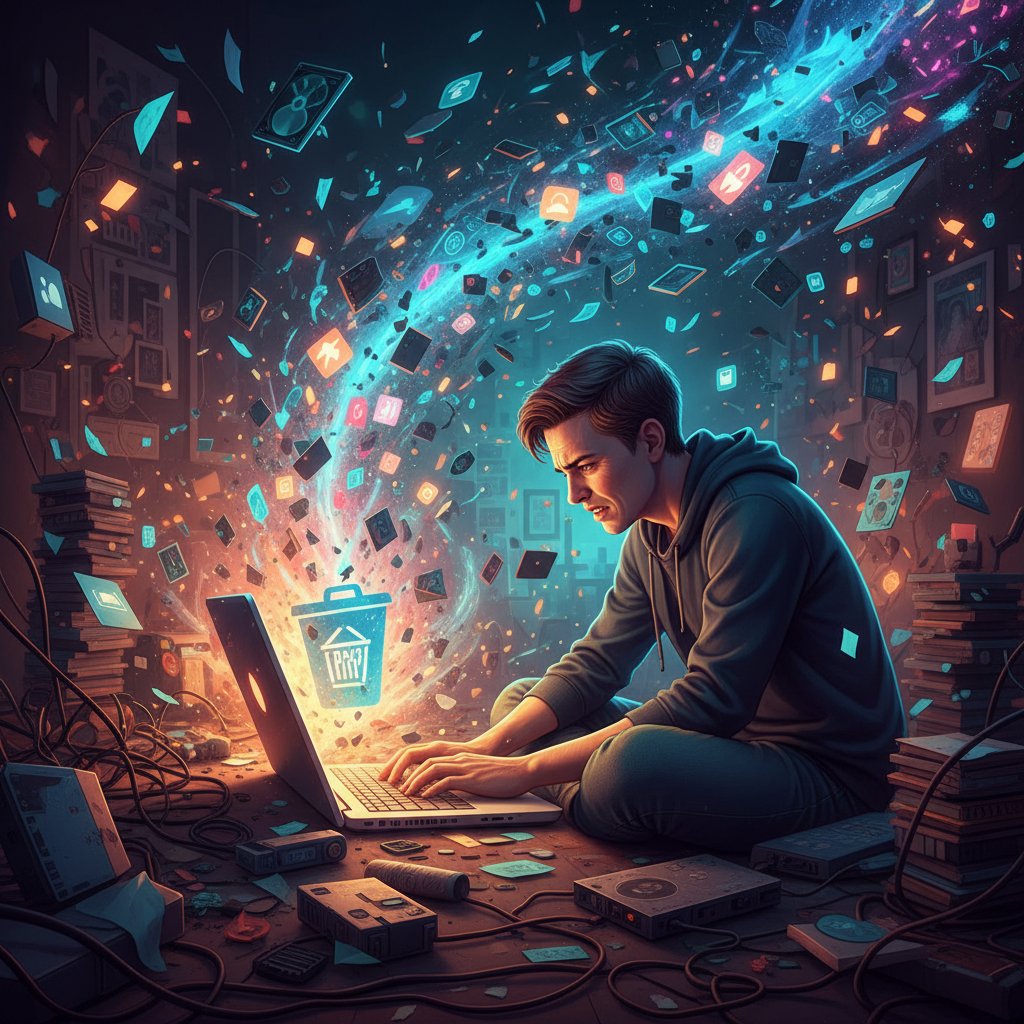 Osoba gorączkowo usuwająca maile, symboliczny chaos, dynamiczna scena cyfrowa