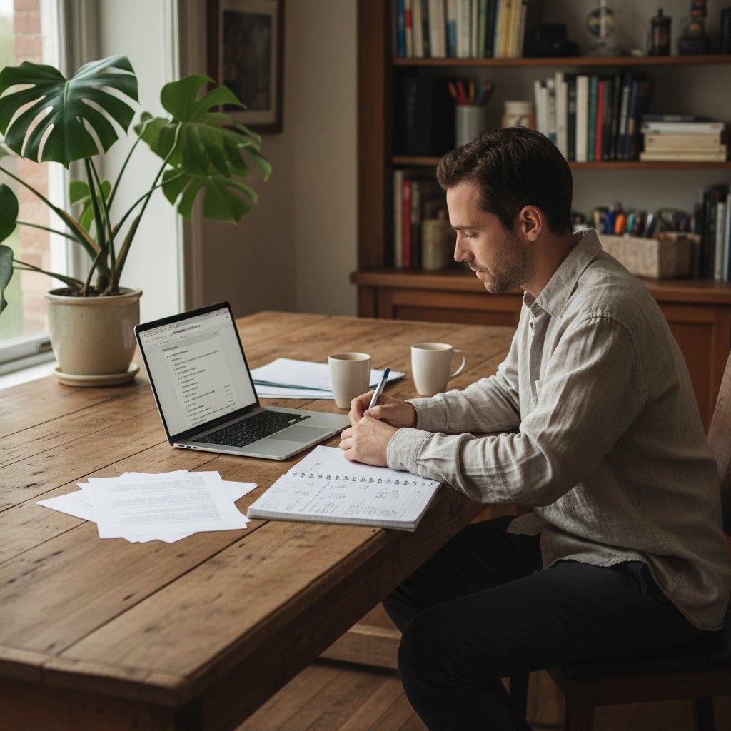 Zdjęcie osoby siedzącej przy biurku z otwartym laptopem i rozpisanym briefem na kartce, symbolizujące profesjonalne podejście do copywritingu
