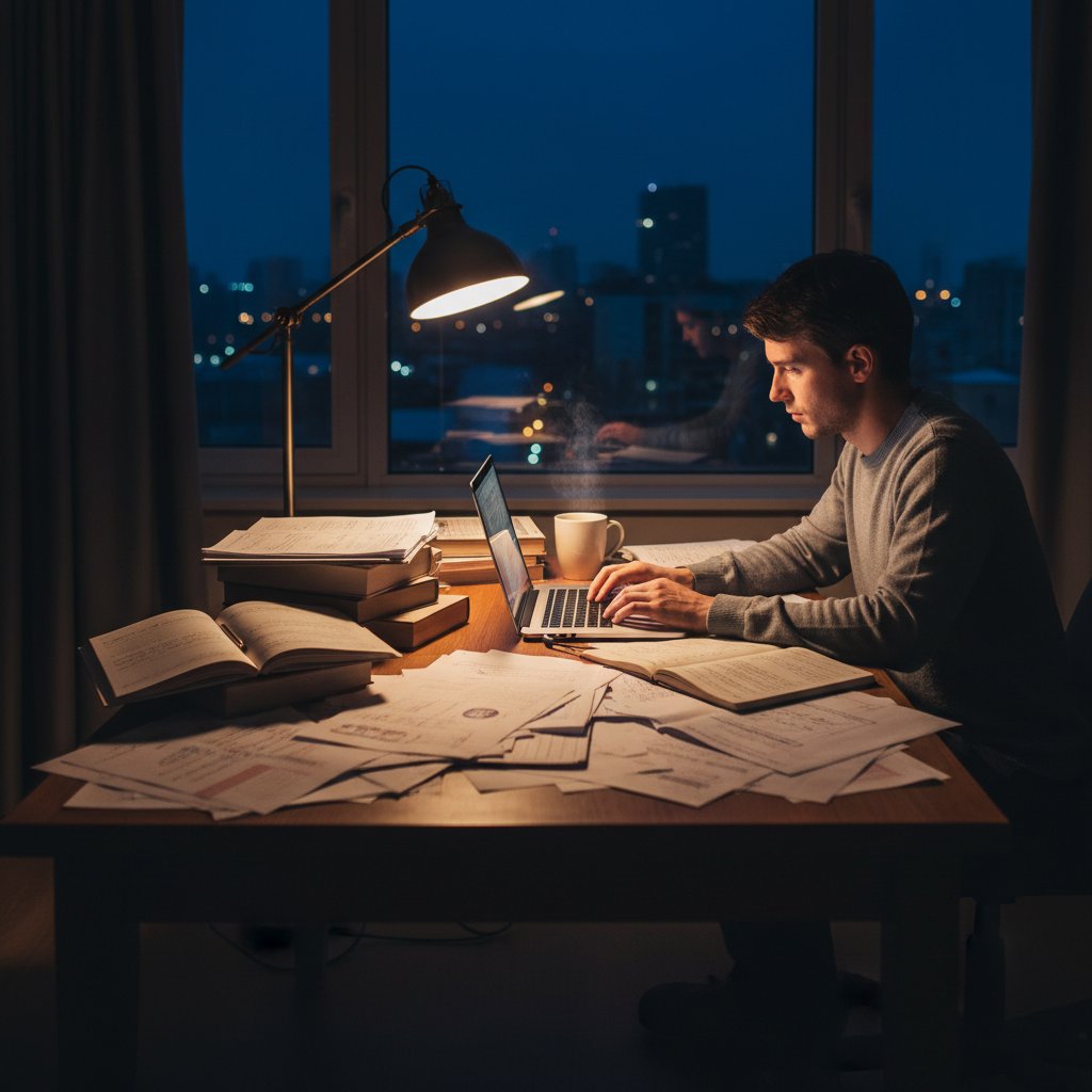 Zdjęcie osoby przy biurku, kartki z notatkami i laptop – planowanie sesji chatgpt role playing