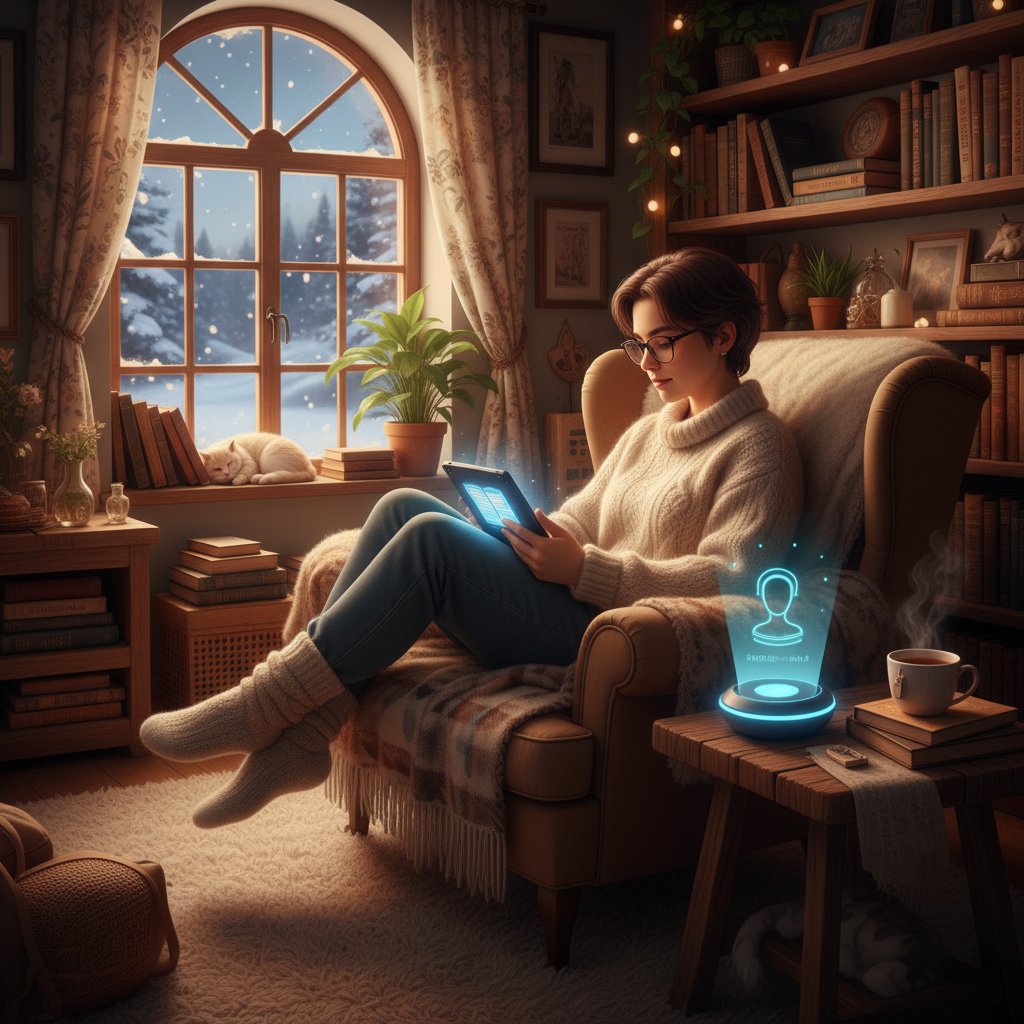 Futurystyczne zdjęcie osoby korzystającej z cyfrowego asystenta w przytulnym kąciku do czytania, atmosfera inspiracji technologicznej