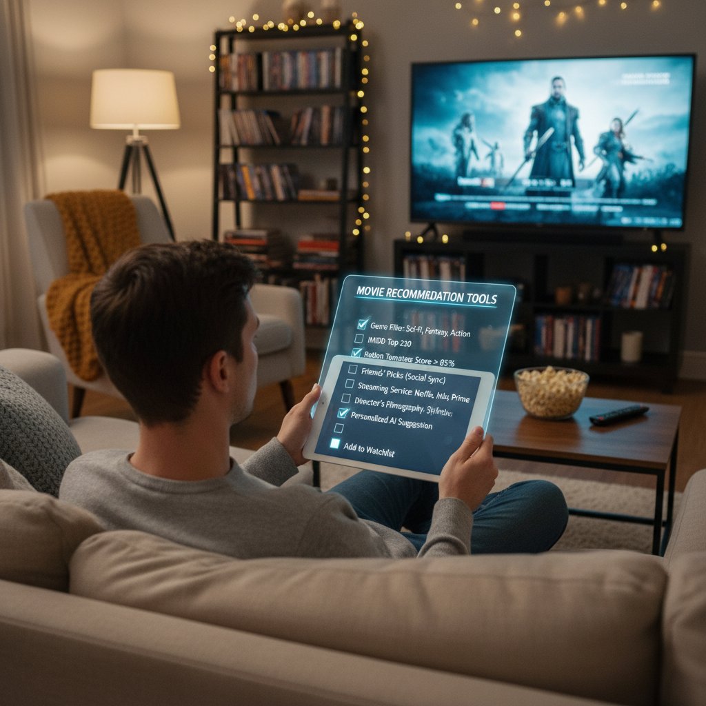 Person using a digital checklist to decide on movie recommendation tools, relaxed home setting, symbolizing empowered movie discovery