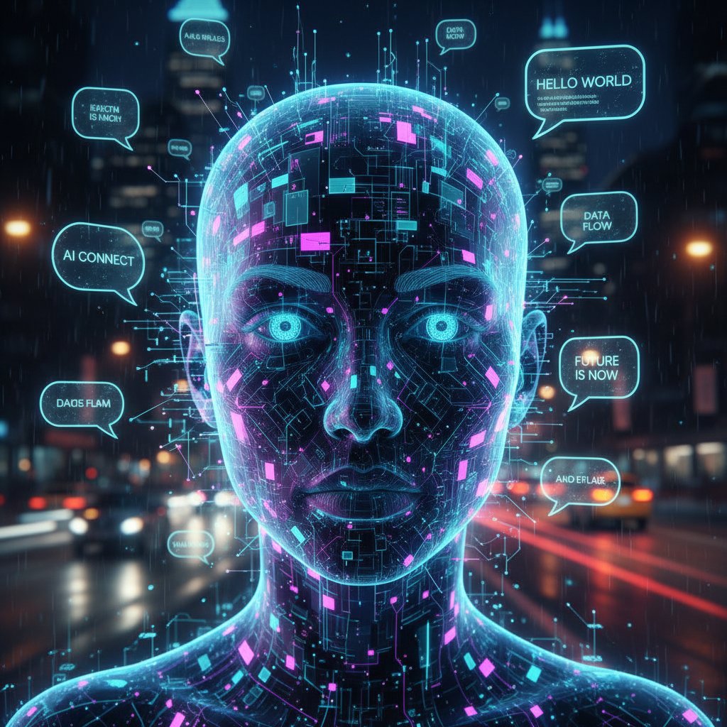 Osoba z cyfrową twarzą przed ekranem, chatgpt wizerunek tworzenie, symbol utraty kontroli