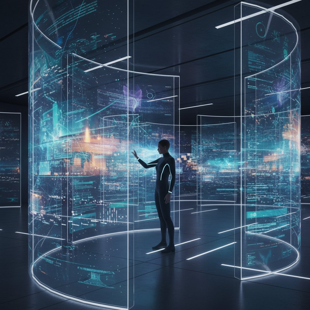 Człowiek otoczony cyfrowymi ekranami, symbolizującymi nowe formy terytorialności