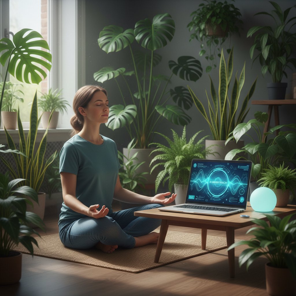 Osoba wykonująca ćwiczenia oddechowe przy laptopie, na ekranie animacja AI, zielone rośliny w tle