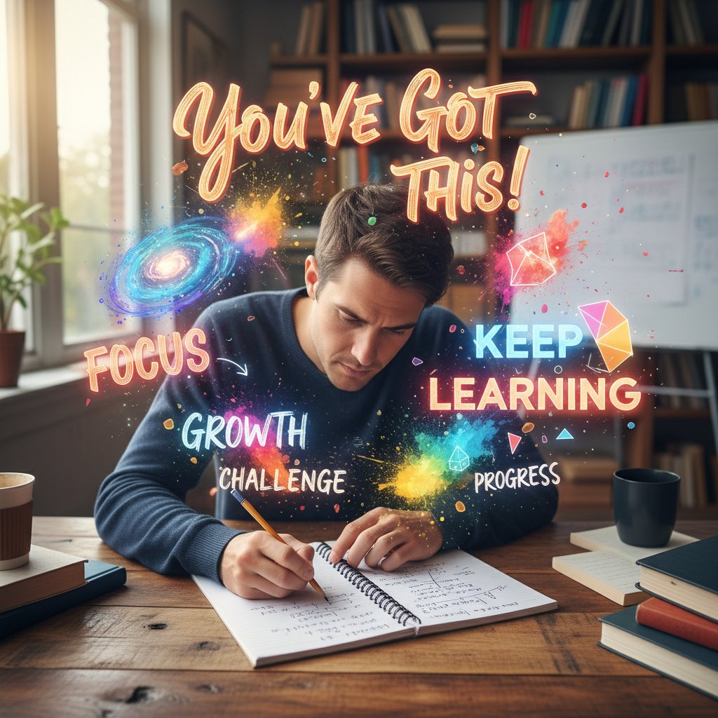 Osoba rozwiązująca zadania matematyczne online, skupiona, ekran z kolorową grafiką motywacyjną