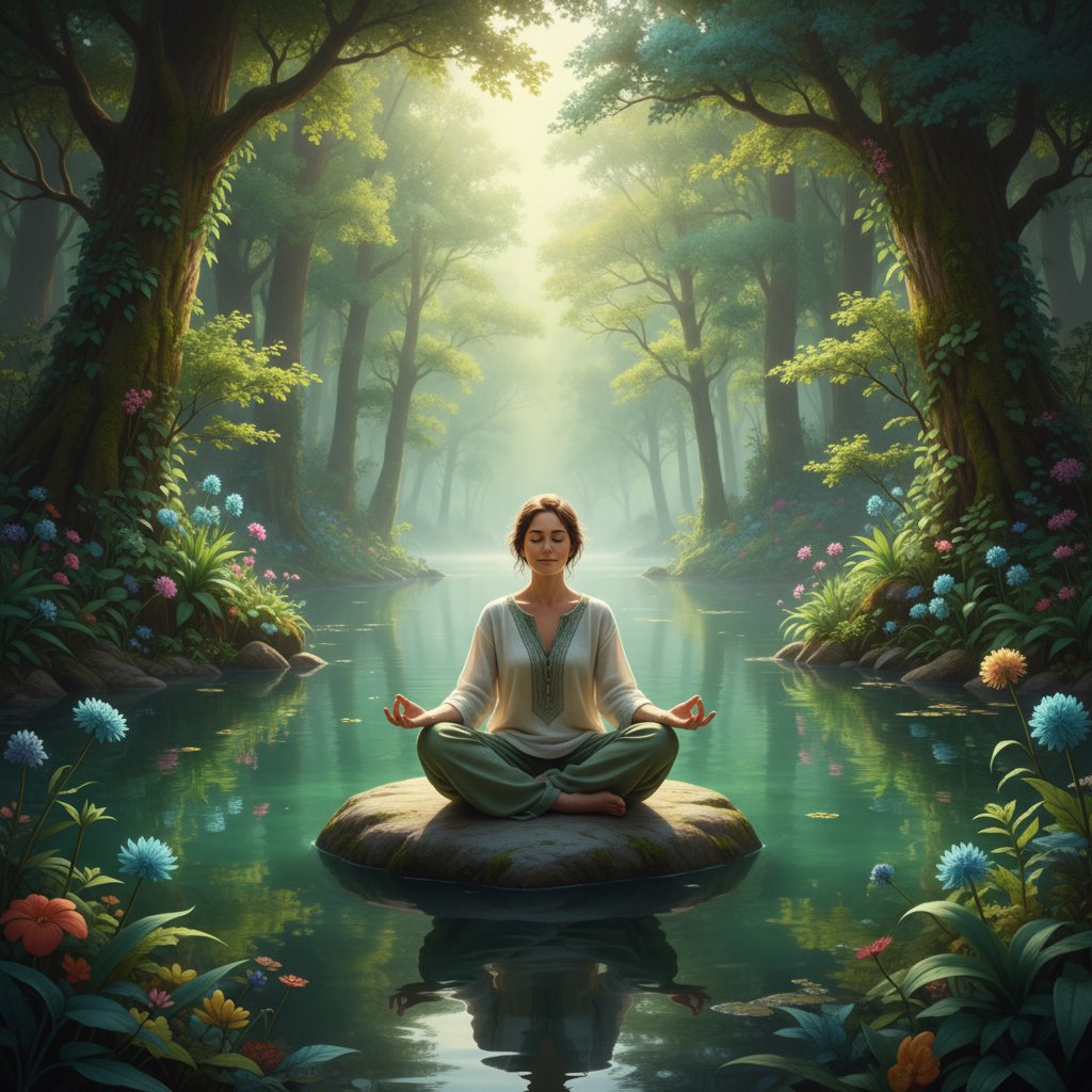 Osoba w trakcie ćwiczeń mindfulness, spokojna atmosfera, zielone otoczenie