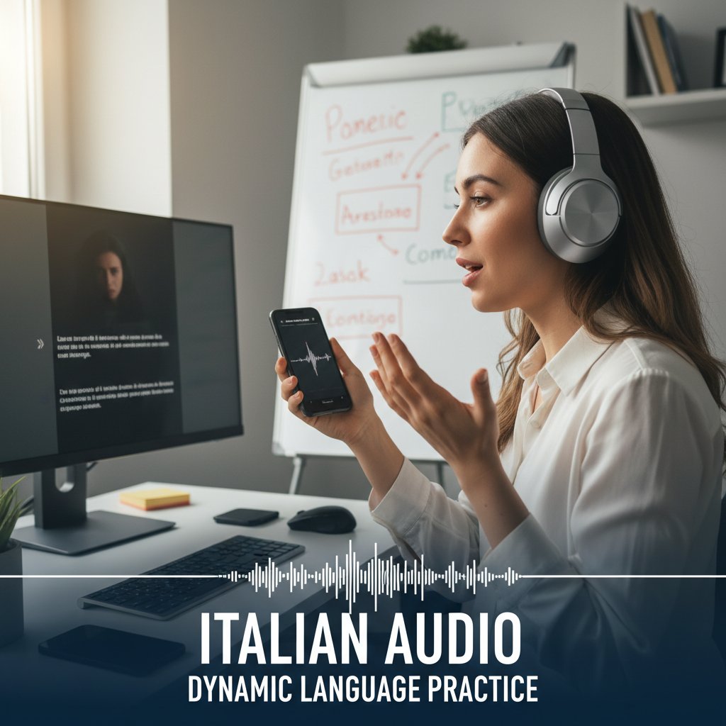 Osoba ćwicząca shadowing z włoskim podkładem audio, słuchawki, dynamiczna scena