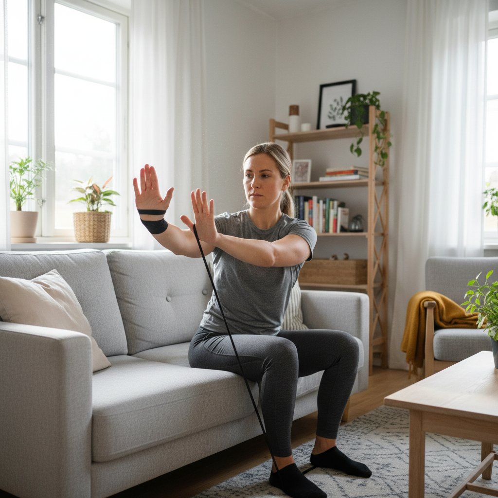 Osoba wykonująca test oporu nadgarstka w domowych warunkach, jasne światło, domowe wnętrze