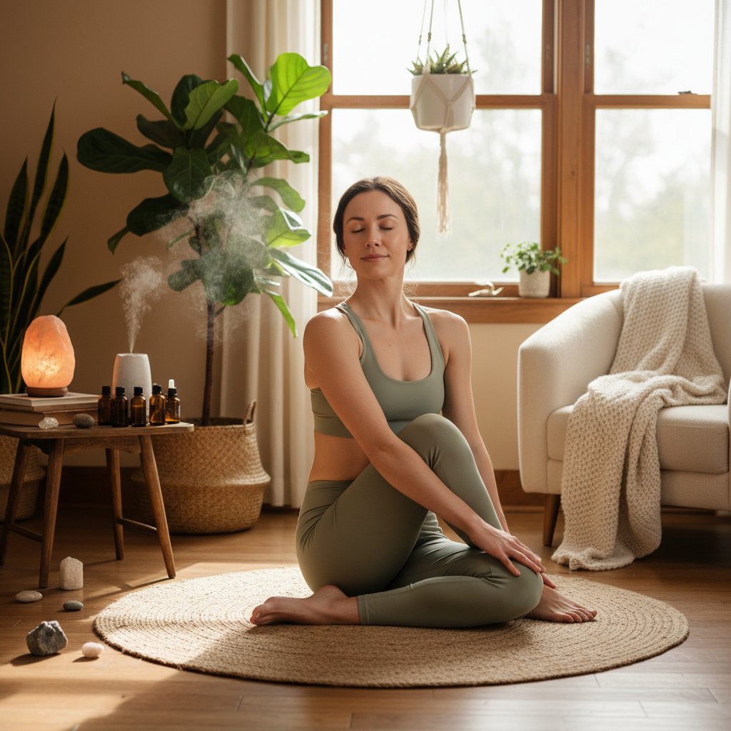 Zdjęcie osoby ćwiczącej jogę w domu, symbolizujące holistyczne podejście do leczenia przewlekłych zaparć