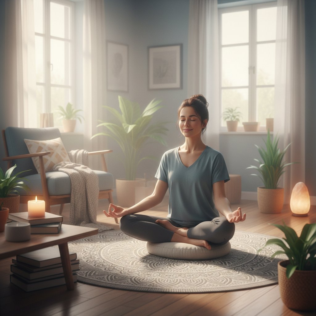Osoba ćwicząca jogę w domu, zarządzanie nastrojem przy cyklotymii