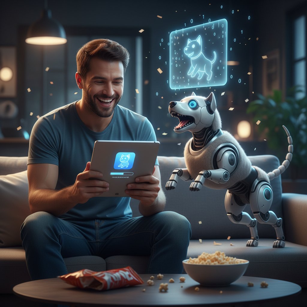 Osoba pobierająca aplikację z psem AI na smartfon, pełna ekscytacji