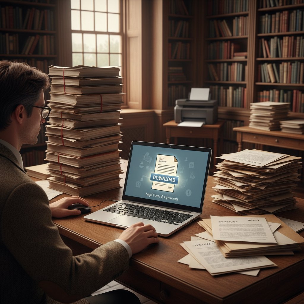 Osoba pobierająca wzory umów na laptopie w domowym biurze, widoczne stosy dokumentów i wyświetlone ostrzeżenie o błędzie