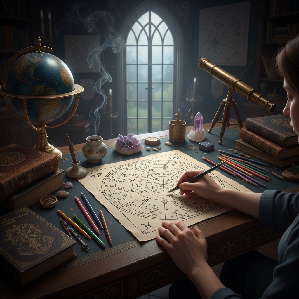 Osoba kreśląca własny wykres urodzeniowy na kartce, samodzielna analiza astrologiczna