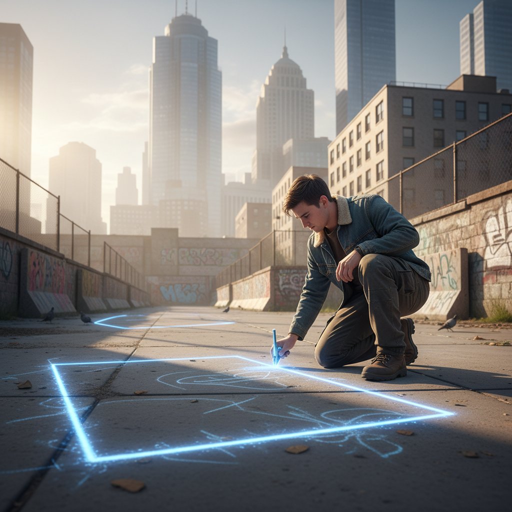 Wyznaczanie granic jako symbol odzyskiwania kontroli, osoba rysująca linię w piasku, miejskie tło, współuzależnienie, granice