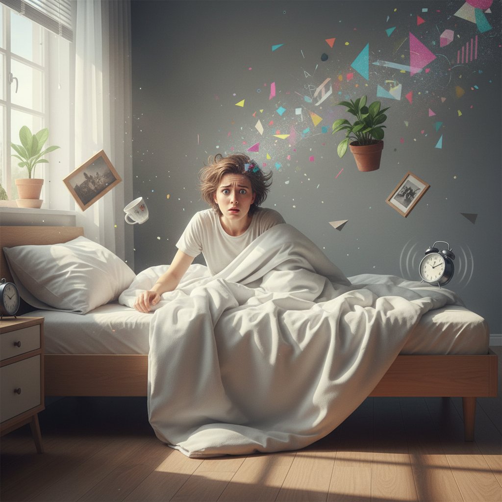 Osoba śniąca o spadających przedmiotach, zdezorientowana po przebudzeniu