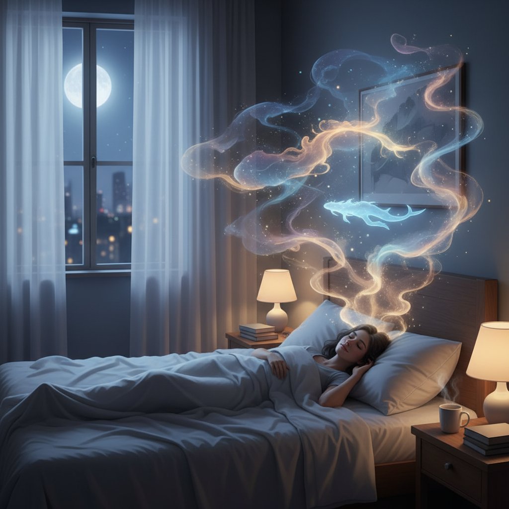 Zbliżenie na twarz osoby śpiącej i śniącej, półmrok, miękkie światło, symbolizujące fazę REM