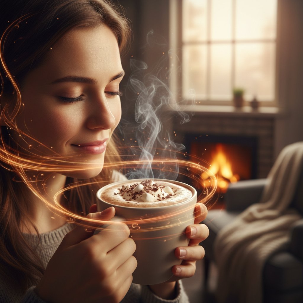 Zbliżenie na twarz z zamkniętymi oczami, dłonie trzymające kubek kakao – błogość, emocje